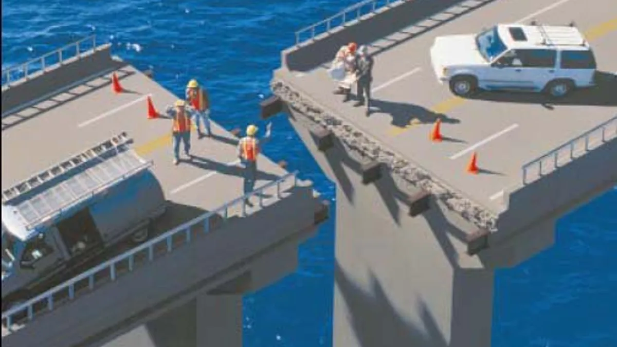 A bridge built toward the middle from both ends, the two halves meeting at different heights and failing to line up.