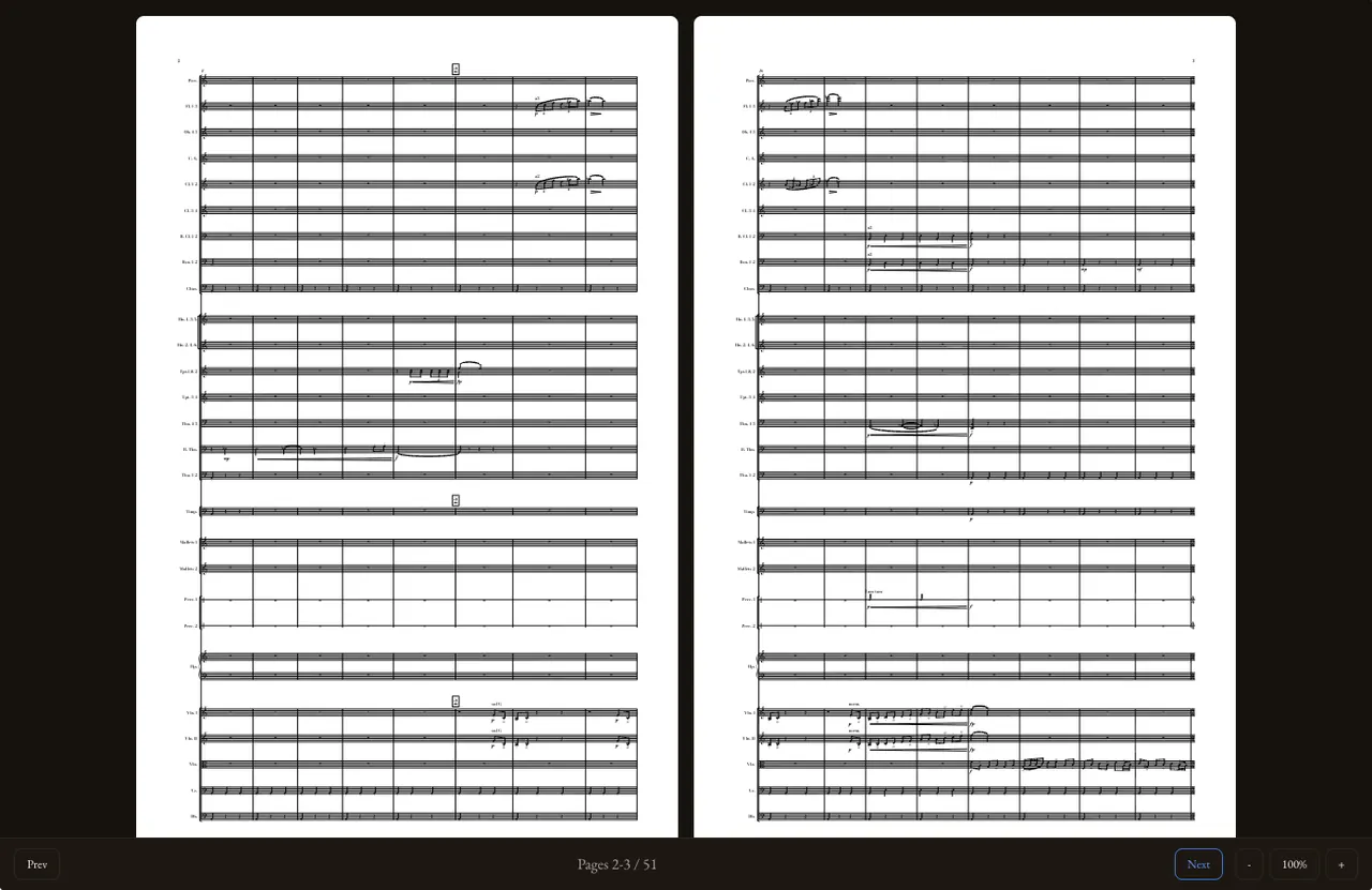 Two-page spread in the pdf.js score reader.