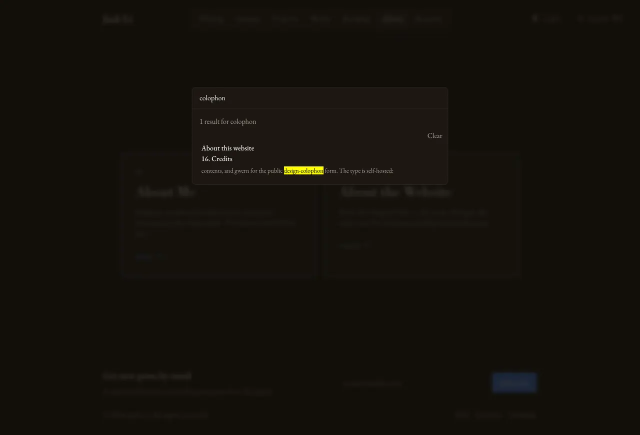 Pagefind command palette with a colophon search result.